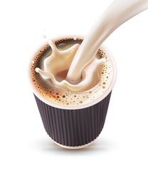 Coffee with a milk splash in a glass. Vector realistic illustration on white background.