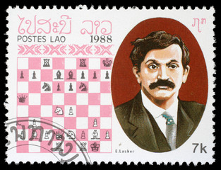 Stamp printed in Laos, shows E. Lasker, Chess Champion, circa 1988