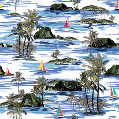 Beautiful seamless island pattern. Summer trends bright seamless colorful island pattern on white background. Landscape with palm trees, beach, sailing ship and ocean brush hand drawn style.