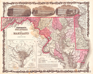 1862, Johnson Map of Maryland and Delaware