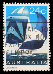 Stamp printed in Australia shows an ocean racer, circa 1981