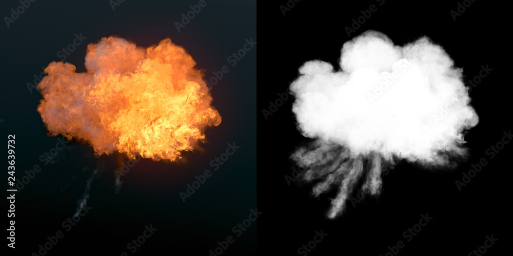 Poster Large explosion with black smoke in dark plus alpha channel. 3d rendering