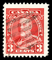 Stamp printed in Canada shows King George V in Uniform, circa 1935.