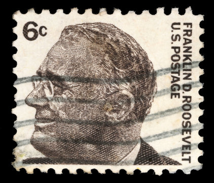 Stamp printed in United states (USA), image of portrait Franklin Roosevelt, with the same inscription, from the series "Famous Americans", circa 1966