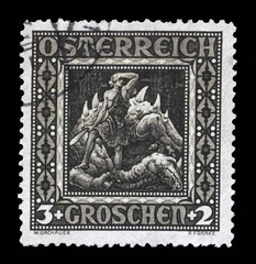 Stamp print in Austria shows Siegried after the battle with the wyvern, The Ring of the Nibelung, Richard Wagner opera, circa 1926