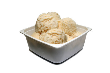 Ice-cream coconut milk in plastic bowl isolated in white background.