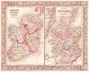 Old Map of Ireland and Scotland, 1864, Mitchell