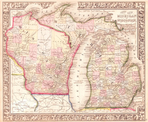 1864, Mitchell Map of Michigan and Wisconsin