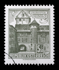 Stamp printed by Austria, shows Chur Gate, Feldkirch, circa 1957