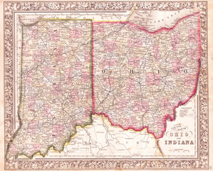 1864, Mitchell Map of Ohio and Indiana