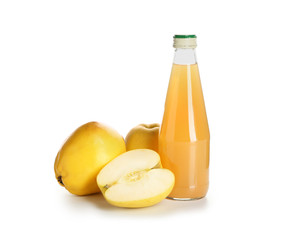 Bottle of healthy apple juice on white background