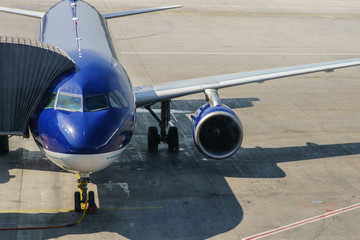 Passenger plane in the airport . Aircraft maintenance.