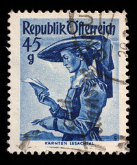 Stamp printed by Austria, shows woman from Carinthia, Lesachtal, Provincial Costumes series, circa...