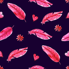 Watercolor seamless pattern with pink feathers.