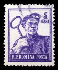 Stamp printed in Romania shows steel-worker, circa 1950s