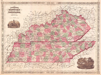 Old Map of Kentucky and Tennessee, 1866, Johnson