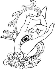 Illustration of a hand in a wise position with an eye on the palm. Tattoo idea.