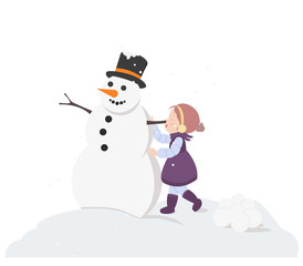 Little girl makes snowman on white background for graphic and web design, Modern simple vector sign. Internet concept. Trendy symbol for website design web button or mobile app