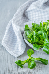 Frischer Feldsalat in einer Schüssel auf einem hellen Holzuntergrund