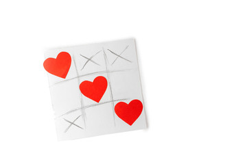 Tic tac toe drawn game with hearts isolated on white background