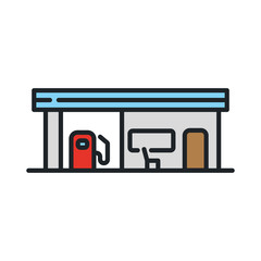 Gas Station Fuel Building. Vector Flat Line Stroke Icon.