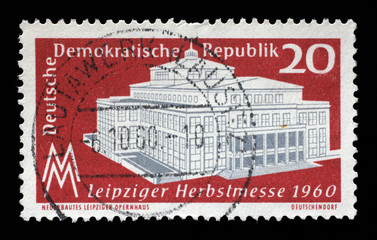 Stamp printed in GDR shows Leipzig autumn Fair, circa 1960