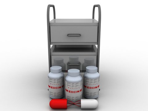 3d illustration Medical bottles with dna near medical table
