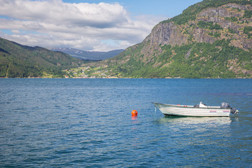 Fototapeta na wymiar The Lustrafjord with Solvorn in the background, seen from Ornes