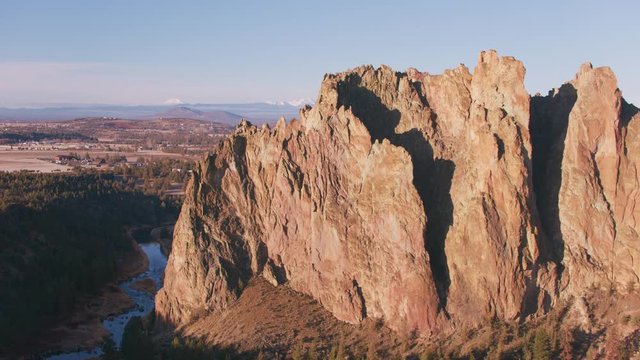 Oregon circa-2018. Aerial view of Smith Rock State Park. Shot from helicopter with Cineflex gimbal and RED Epic-W camera.