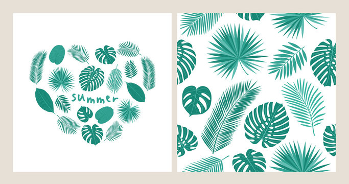Summer set. Heart and seamless pattern with tropical leaves for textile, wallpapers, gift wrap, covers and scrapbook. Vector illustration.