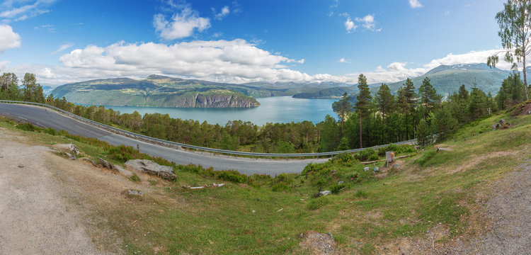 Panoramic view of the Innvikfjord when driving down to Utvik