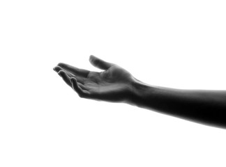 Hand of young woman on white background