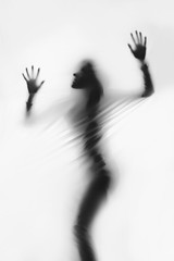Silhouette of beautiful sexy woman behind curtain on white background