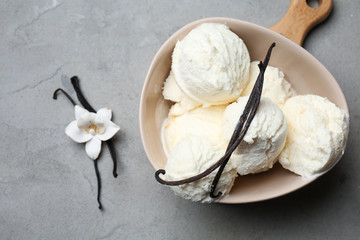 Bowl with tasty vanilla ice-cream on table