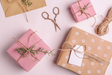 Handmade gift boxes on light background