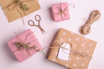 Handmade gift boxes on light background