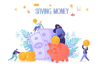 Business and finance theme. Concept of saving money. Flat people, business characters collecting coins into the pink piggy bank. Characters making money. Flat cartoon, trendy, vector illustration.