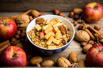 Healthy and tasty breakfast with muesli, apples, nuts and cinnamon. Selective focus.