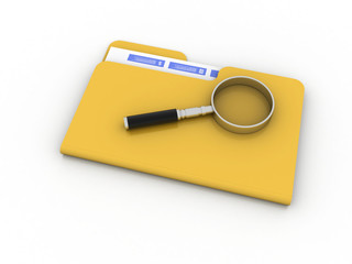 laptop folder and magnify glass 3d illustration