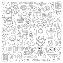 Vector set of space elements icons in doodle style. Painted, black monochrome, pictures on a piece of paper on white background.
