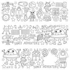 Vector set of space elements icons in doodle style. Painted, black monochrome, pictures on a piece of paper on white background.