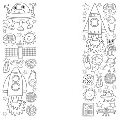 Vector set of space elements icons in doodle style. Painted, black monochrome, pictures on a piece of paper on white background.