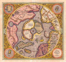 Fototapeta na wymiar 1606, Mercator Hondius Map of the Arctic, First Map of the North Pole
