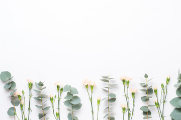 Flowers and eucaaliptus composition. Pattern made of various colorful flowers on white background. Flat lay stiil life.