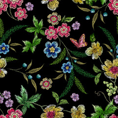 Embroidery seamless floral neckline pattern with flowers and butterflies - 243651194
