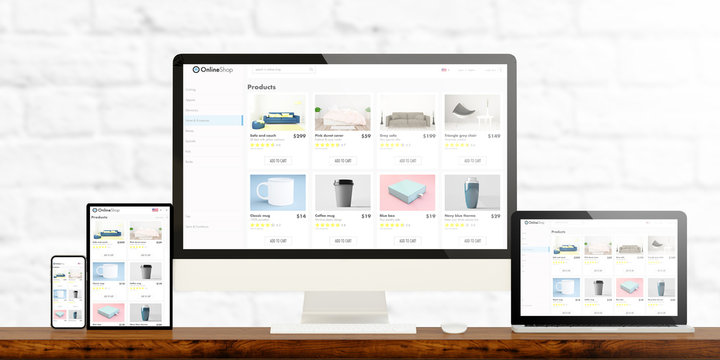 responsive  online shop devices on wooden desktop