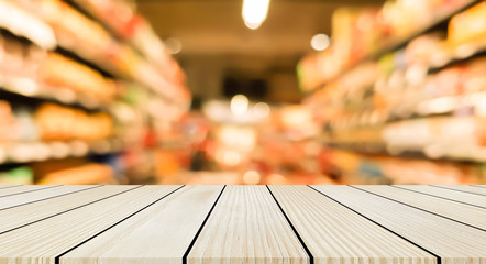 abstract blurred supermarket shelf with brown color wood panel plank perspective.show advertise on display backdrop concept.