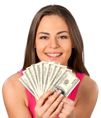 smiling woman holding a bunch of money