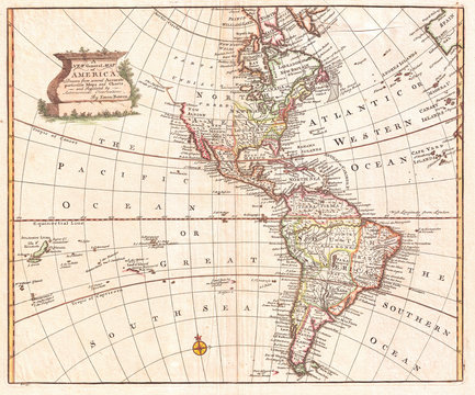 Map of North America and South America, Western Hemisphere, 1747 Bowen