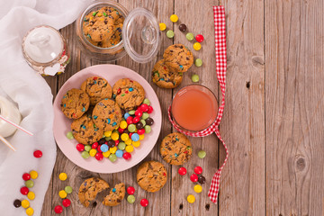 Candy coated cookies.